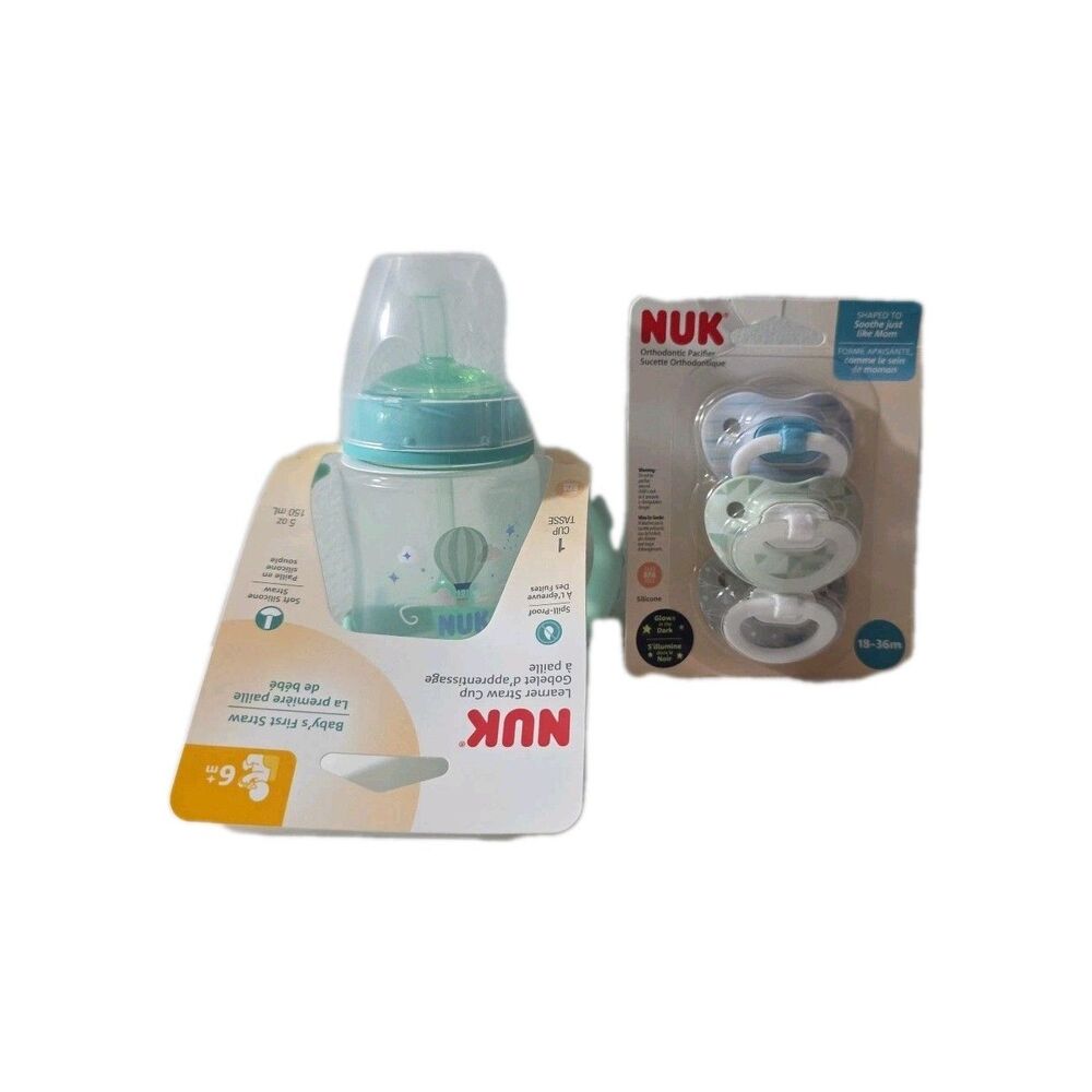 NUK‎ Learner Straw Cup 5oz + 3 Orthodontic Pacifiers 18–36m Set Baby Spill-Proof